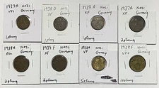 Germany Third Reich 8 Different Coins 1937-1939 1,2,5,10 Pfennig - Nice Lot E711