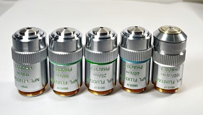 Set of 5 Leitz Microscope NPL FLUOTAR Phaco 10x 16x 25x 40x 100x Objectives