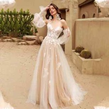 Elegant Tulle Wedding Dress Detachable Long Puff Sleeves Appliques Bridal Gowns