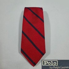 VINTAGE Polo Ralph Lauren 100% Silk Red Navy Striped Tie Made In USA 57"x2 7/8"