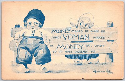 Money Makes De Mare Go, Voman, 1914 Dutch Boy and Girl, Wood Fence, Postcard