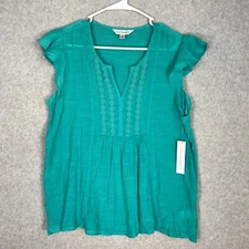 Counterparts Blouse Womens Medium Blue Ruffle Pleated Crochet Cottage Aqua Top