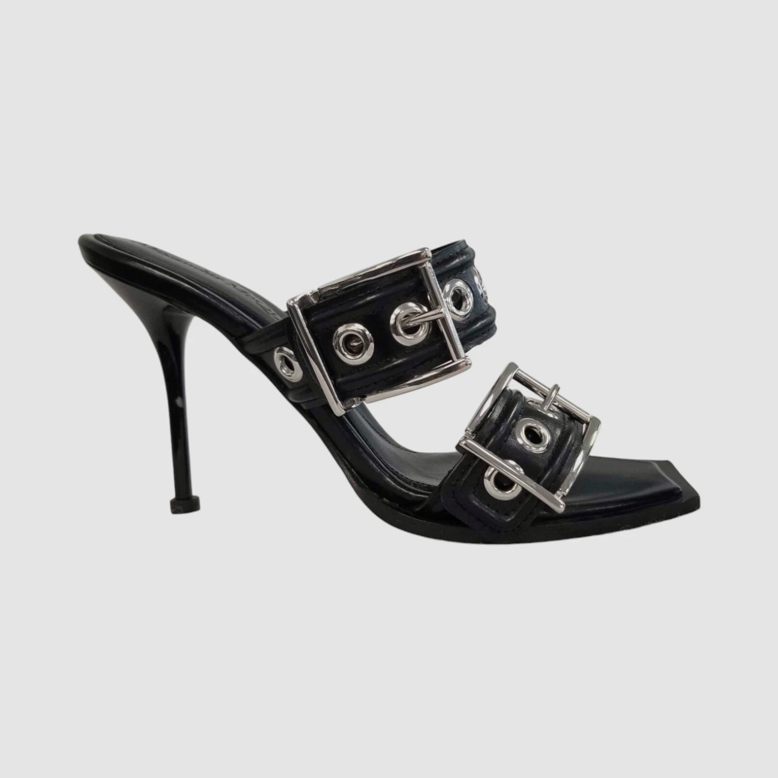Sandali slide Alexander McQueen da donna neri con doppia fibbia $1390 taglia 38 5