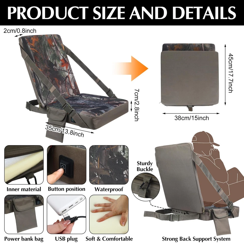 Almofada de assento de caça aquecida à prova d'água com encosto 3 modos ajustável auto S... - Imagem 2 de 4