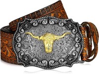 Herren GüRtel Western Cowboy Leder Bull Schnalle Mit Blumen Gravur FüR MäNner
