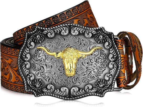 Herren GüRtel Western Cowboy Leder Bull Schnalle Mit Blumen Gravur FüR MäNner-image