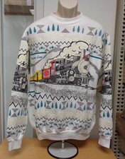Vintage 90s Rio Grande Train AOP All Over Railroad Sweatshirt XXL Aztec Nature