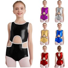 Kids Girls Gymnastics Dance Leotards Shiny Metallic Athletic One Piece Bodysuit