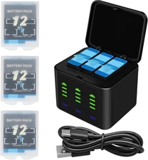 Battery Charger Kits for Gopro Hero 12 11 10 9 Black, 3-Pack 2000Mah Replacement