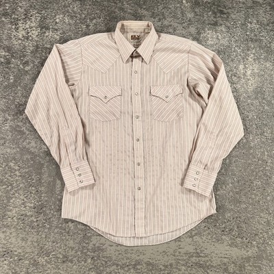 VTG Ely Cattleman Western Shirt Mens Large L Beige Striped Geometric Pearl Snap