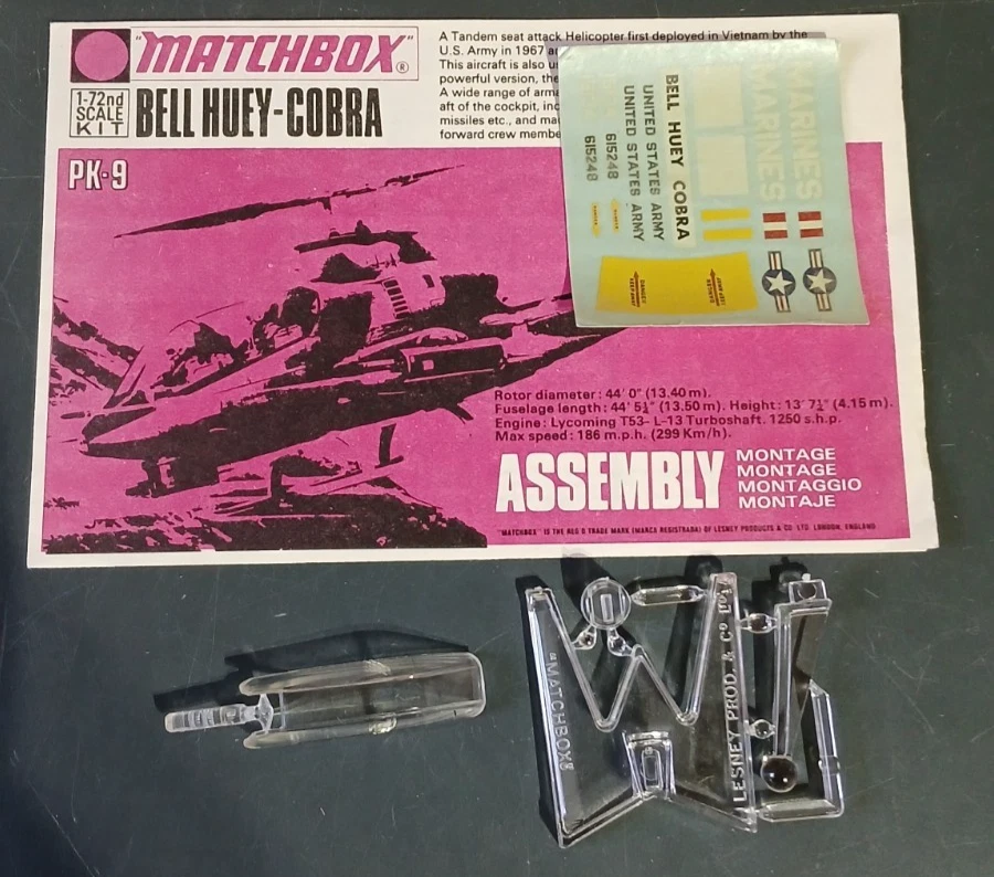 Matchbox PK-9 1/72 Bell Huey Cobra AH-1G vintage model kit complete - Image 3 of 3