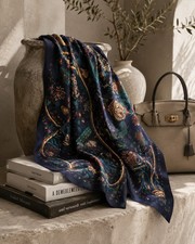 90cm x 90cm Navy Green Floral Paisley Poly Silk Square Scarf NEW