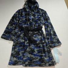 KIDS ROBE FLEECE HOODED W/BELT CAT  JACK PLAID BLUE UNISEX SZ 12/14 fuzzy soft