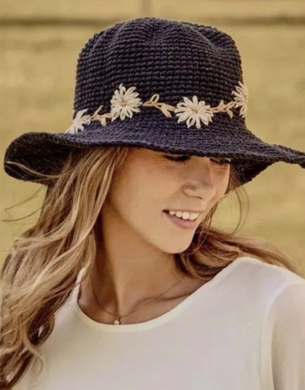 MANY HANDS "Fleur" Natural Sun Hat Cotton Hemp Boho Floral Hand-Crocheted Wire