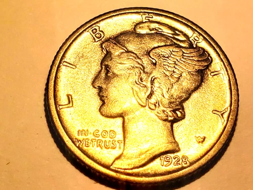 Sharp Edged Extremely Fine (XF) 1928 MERCURY DIME 90% Silver