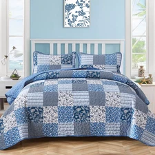 Blue Boho Quilt Set King Size,3 Pieces Plaid Floral Bedspread Coverlet Set fo...