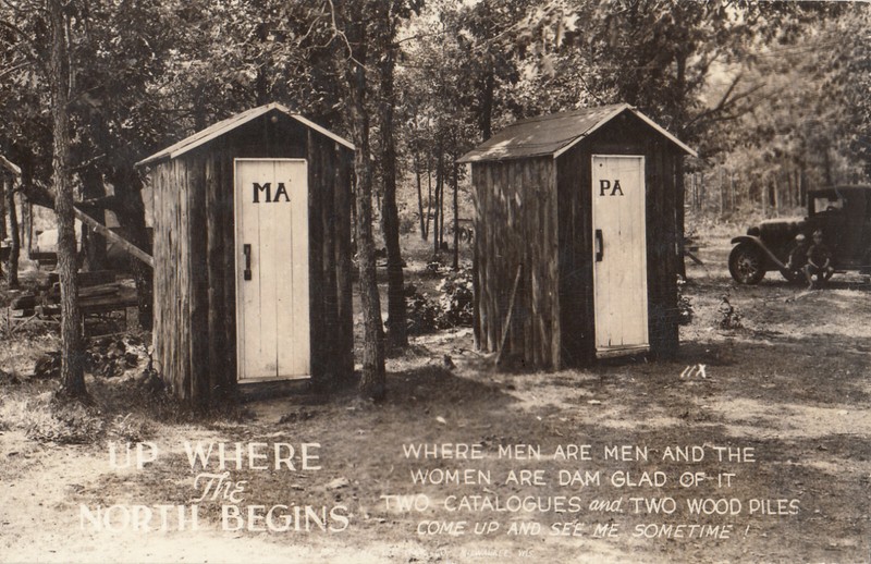 RPPC Up Where The North Begins PA MA outhouse Men Are Men 1938 POSTCARD