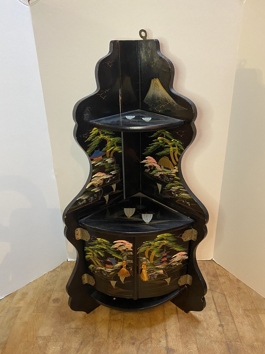 Vintage Asian Black Lacquer Folding Corner Shelf Chinoiserie 19