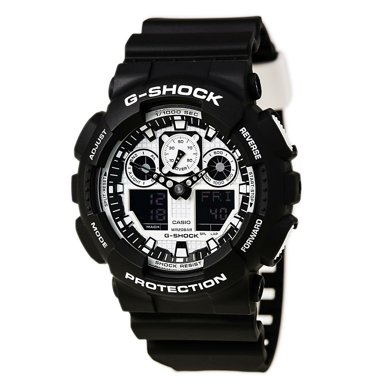 Casio Men&apos;s Watch G-Shock Alarm Ana-Dig White Dial Black Resin Strap GA100BW-1A