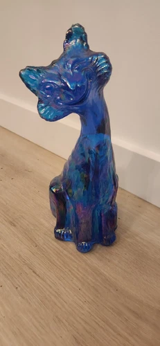FENTON SIGNED ART GLASS IRIDESCENT CARNIVAL GLASS 11" COLBALT WINKING ALLEY CAT