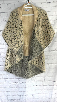 Emma G Cardigan Vest Beige Black Open Front & Pin Super Soft Knit Size Medium.