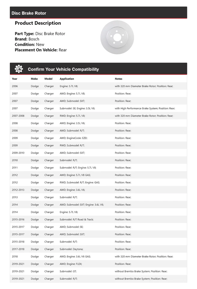 For 2006-2021 Dodge Charger Bosch QuietCast Disc Brake Rotor Rear 2007 2008 2009 - Изображение 2 из 4