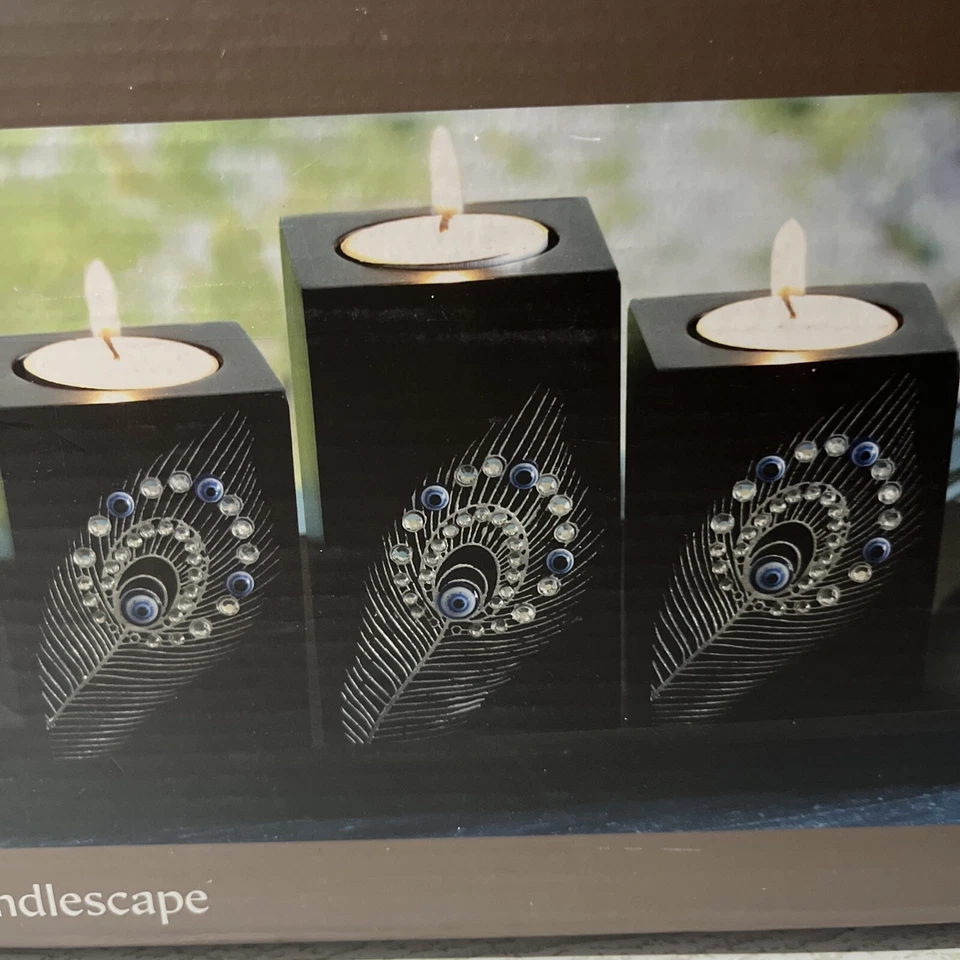 Portavelas Pier 1 Peacock Candlescape luz de té plumas con joyas gris nuevo Foto 2 de 4