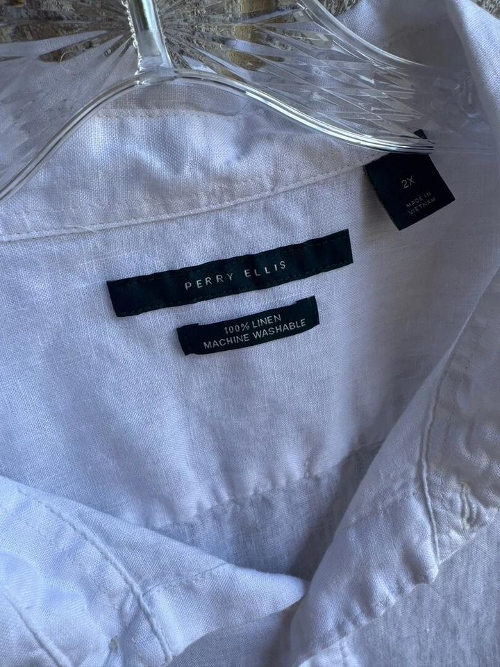 Perry Ellis 100% Linen Collared Short Sleeve Button Down Shirt Men's Size 2X - Image 3 of 4