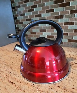 STAINLESS STEEL WHISTLING TEA KETTLE, 12 CUPS, METALLIC, RED FINISH 9" TALL, NEW