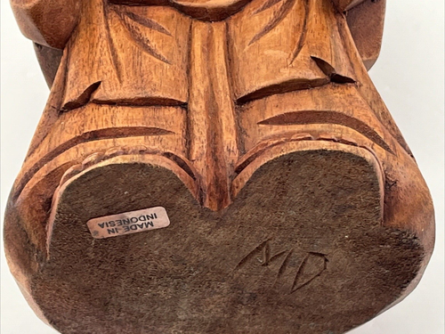 Buddha Hotei Buddha Hotei Buddha portafortuna in legno intagliato a mano vintage 8"H, marcato - Foto 10 di 11