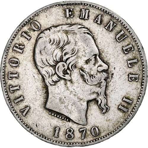 1870 MBN ITALY King Victor Emmanuel II Silver 5 Lire Antique