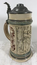 Antique Ceramic Capped German Beer Stein S P Gerz 479B Tyrolean Family Scene .3L