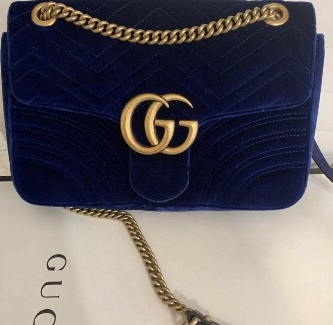 Gucci GG Marmont Medium Blue Velvet Shoulder Bag