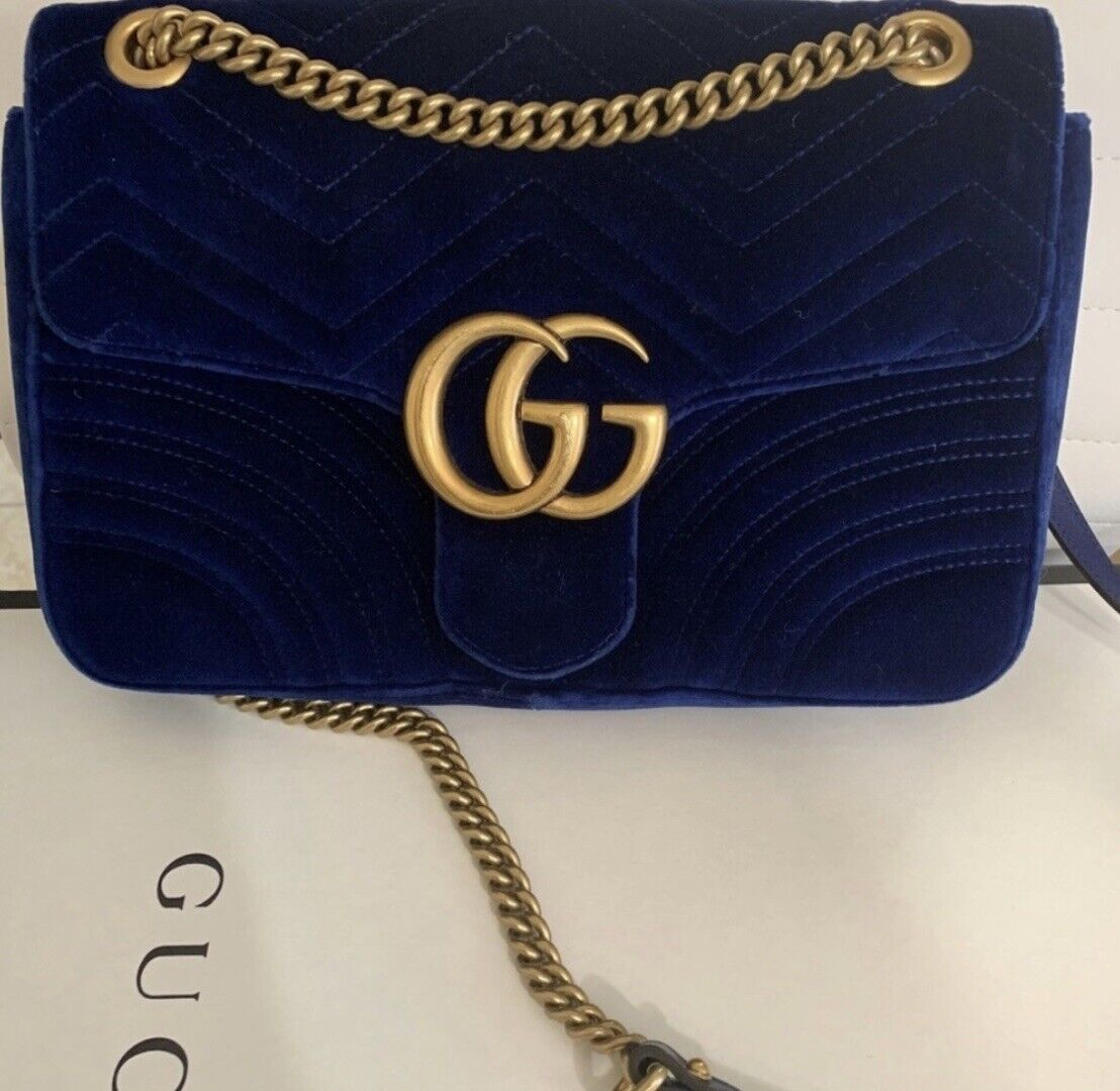 Gucci GG Marmont Medium Blue Velvet Shoulder Bag | eBay