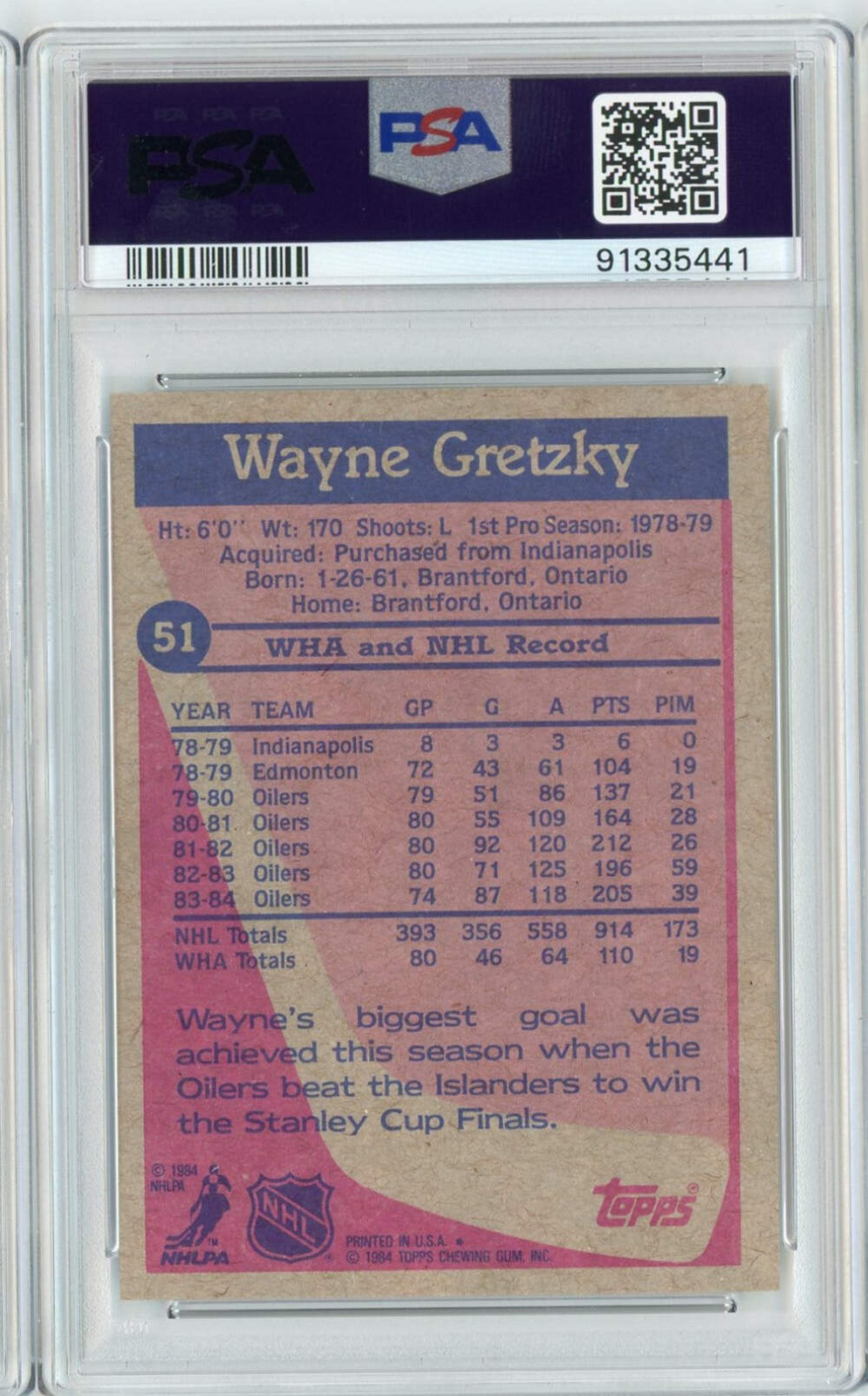 Graded 1984 Topps Wayne Gretzky #51 Hockey Card PSA 9 Mint view 2
