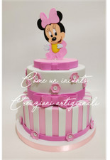 Torta scenografica finta nascita minnie fiori rosa battesimo gomma eva 