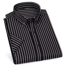 Mens Dress Shirts Short Sleeves Formal No Iron Striped Elastic Casual Shirt Tops