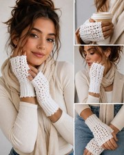 Handmade Crochet Fingerless Gloves Cozy Boho Wrist Knit Winter Gloves Gift