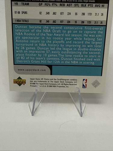 1998-99 UD Choice Tim Duncan #126 San Antonio Spurs - Foto 6 di 6