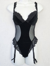 Vintage 1997 Victoria s Secret Velvet Lace Mesh Garter Teddy Bodysuit 34B Black