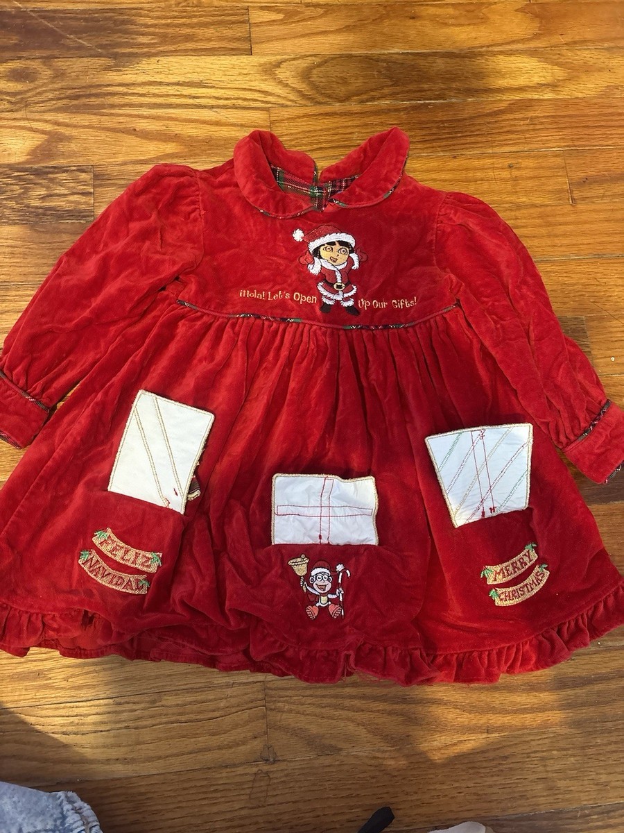 dora christmas dress Vintage 2000's Toddler Girls Red Dora the Explorer Christmas Dress, Size 3T