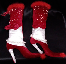 20" PLUSH VELVET VICTORIAN BOOTS (2) CHRISTMAS STOCKING HIGH HEELS EMBELLISHED