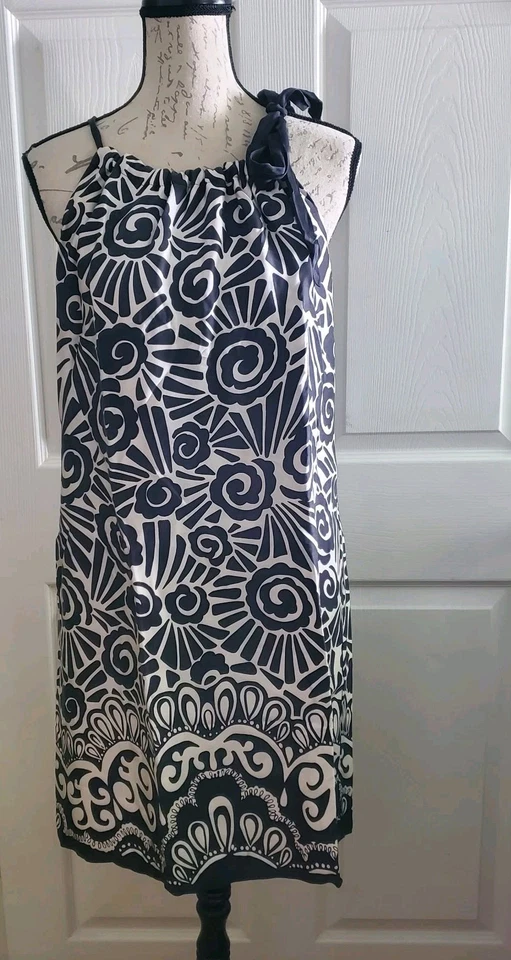 White House Black Market Silk Black Geometric Dress Women 10 Bow Tie Strap - Image 2 of 4