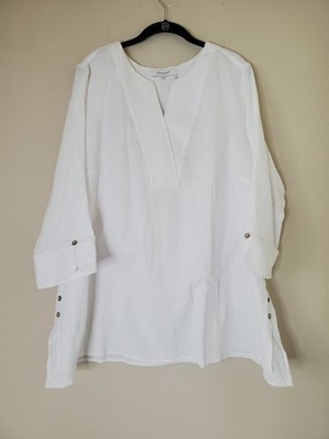 Foxcroft NYC Womens Vena White Split Neck Gauze Blouse Henley Top Shirt Sz 18W