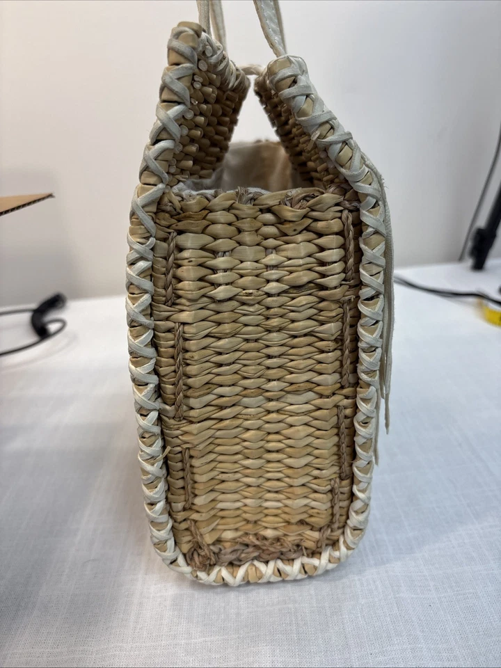 En Shalla Boho Western Coastal Wicker Kid Leather Fringe Woven Basket Tote - Image 3 of 4