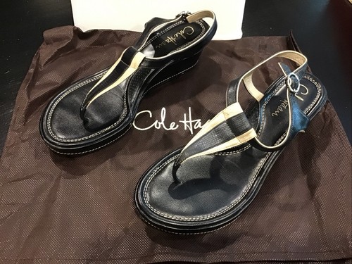 Cole Haan Air Laetitia Wedge Thong Sandal Platform  Black /soft Gold Size 8 Box