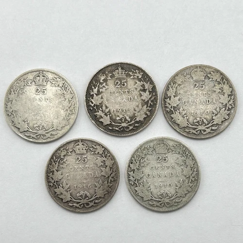 (LOT OF 5) 1910-1916 Canada Quarter .925 Silver Canadian 25c Cent Coin
