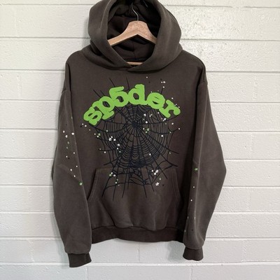 Sp5der Worldwide Green and Gray Spider Web Hoodie Size Small Streetwear