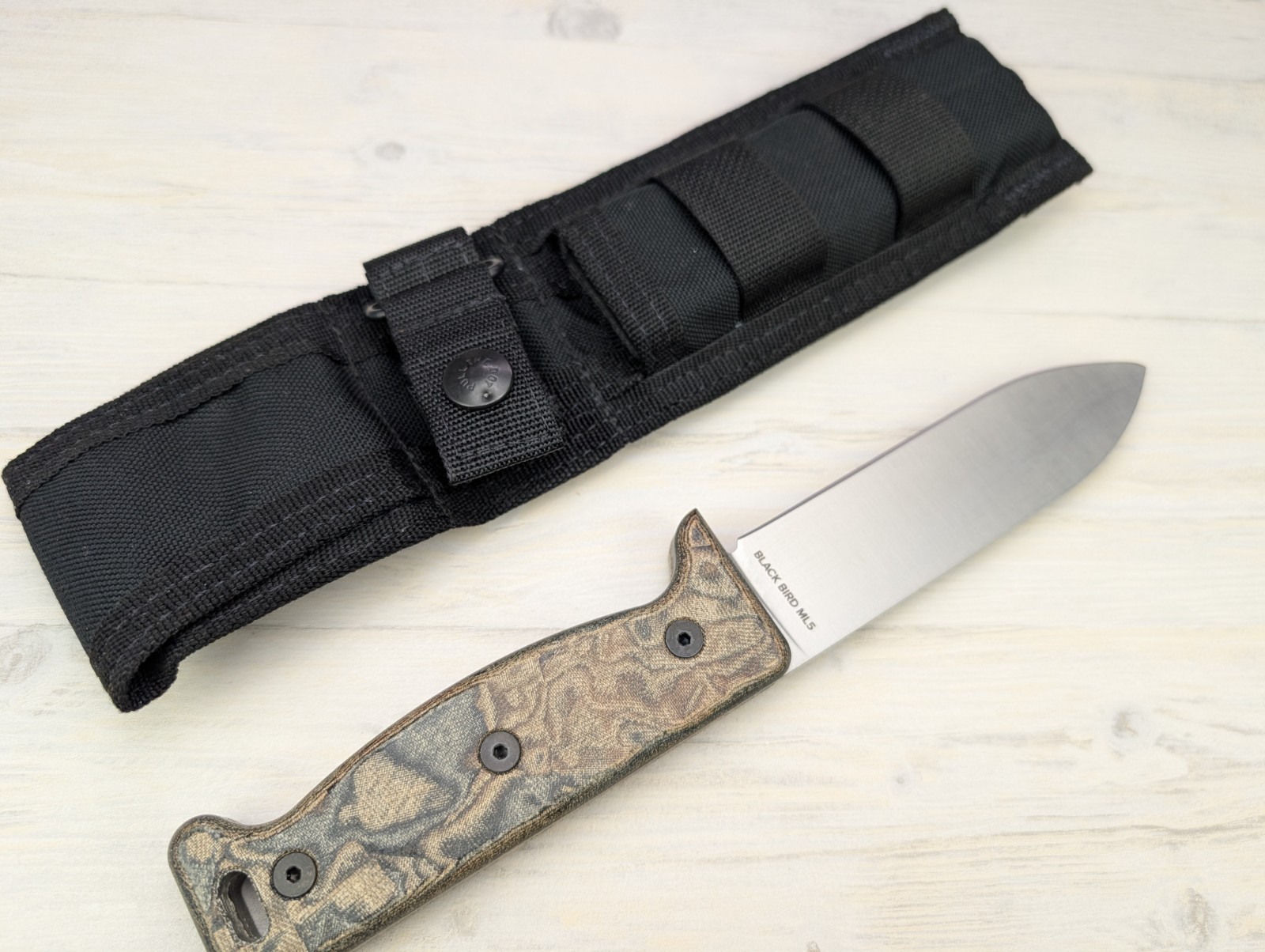 Ontario Black Bird ML5 Fixed Blade Knife Camo Micarta Handle Nylon Belt Sheath