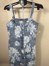 Gap Women's Denim Mini Dress Size 8 Blue Jean Floral Button Front Jumper Nwt